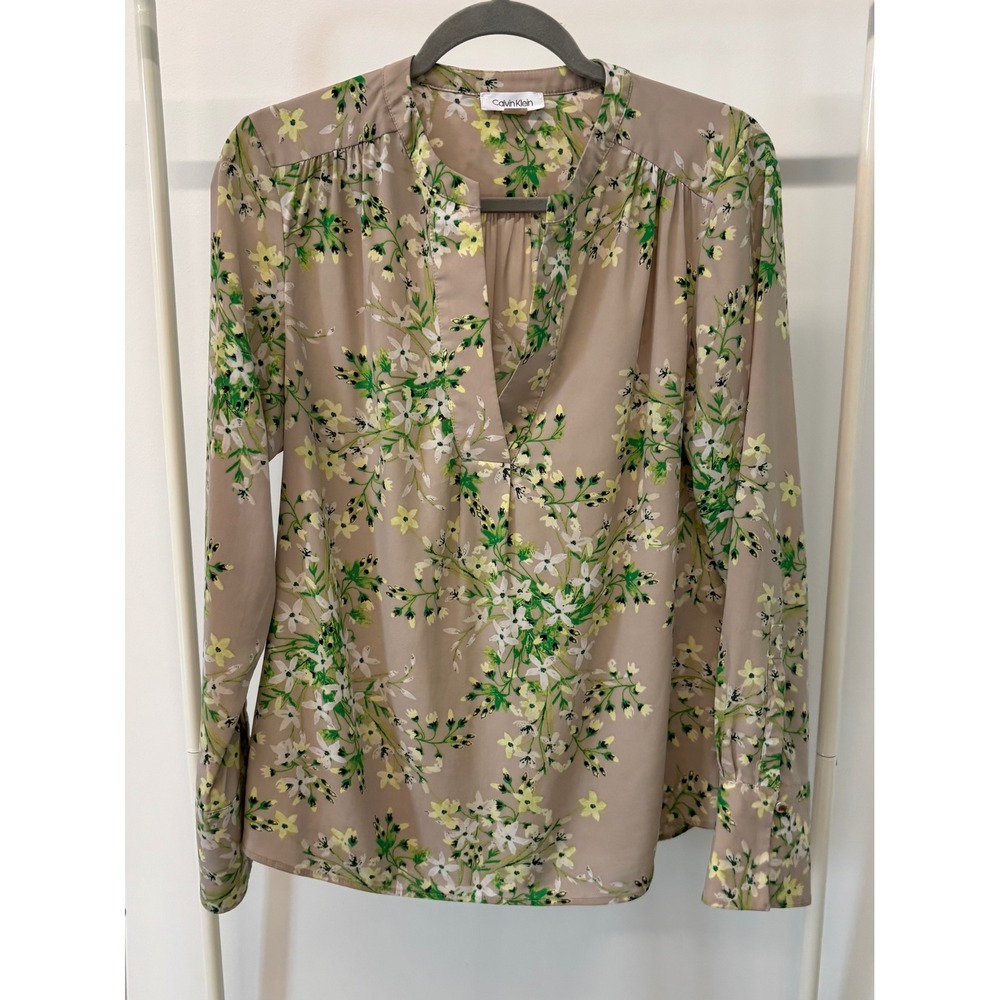 Calvin Klein Womens Floral Split V-Neck Blouse Taupe Green Yellow Long Sleeve M